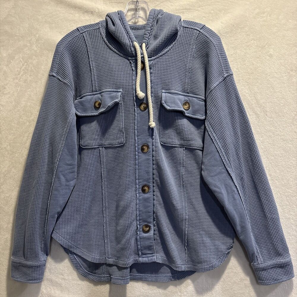 American Eagle Shacket Oversized Waffle Knit Thermal Hoodie Sweatshirt Medium